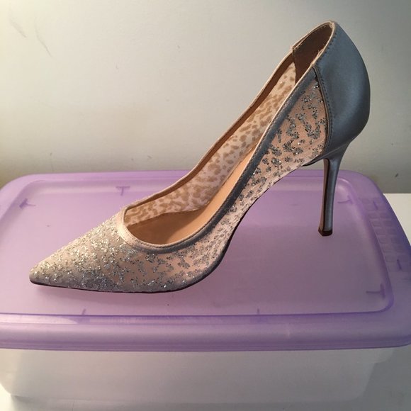 New!  Jewel BADGLEY MISCHKA Champagne Satin w/Glitter Mesh High Heels 8.5M - Picture 4 of 6